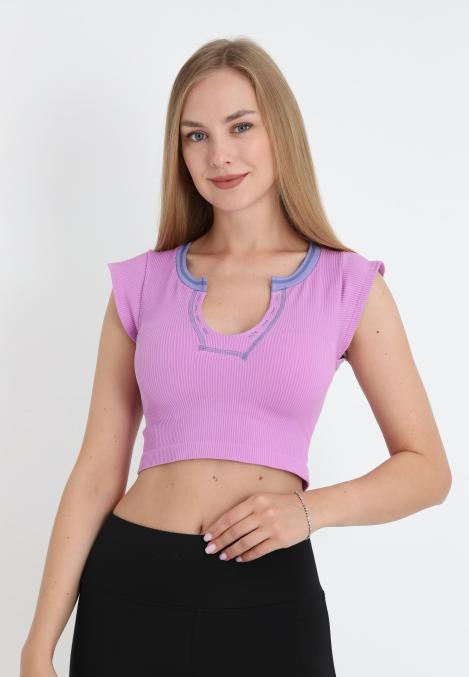 Crop Tricou Damă cu Mânecă Scurtă ,Culoare Mov, Engros